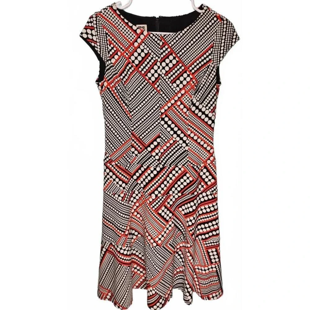 Anne Klein Women Bold Geometric Polka Dot Fit‎ Flare Dress Cap Sleeve Size 4 Mod